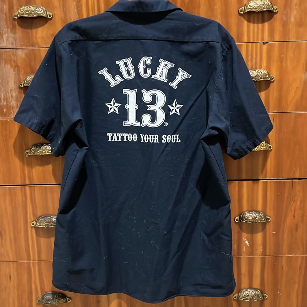 Men’s large lucky 13 apparel short sleeve, navy button-down